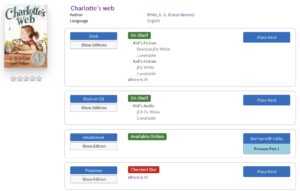 Screenshot of a search for "Charlotte's Web" showing copies in multiple formats.