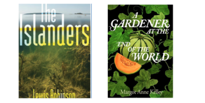 alt="cover of two books The Islanders by Lewis Robinson and A Gardener at the end of the world by Margot Anne Kelley"